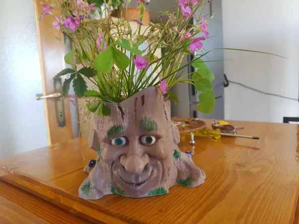 vaso portafiori a forma di base di tronco d'albero con occhi, naso e bocca. Realizzato instampa 3d e dipinto a mano, vista frontale.