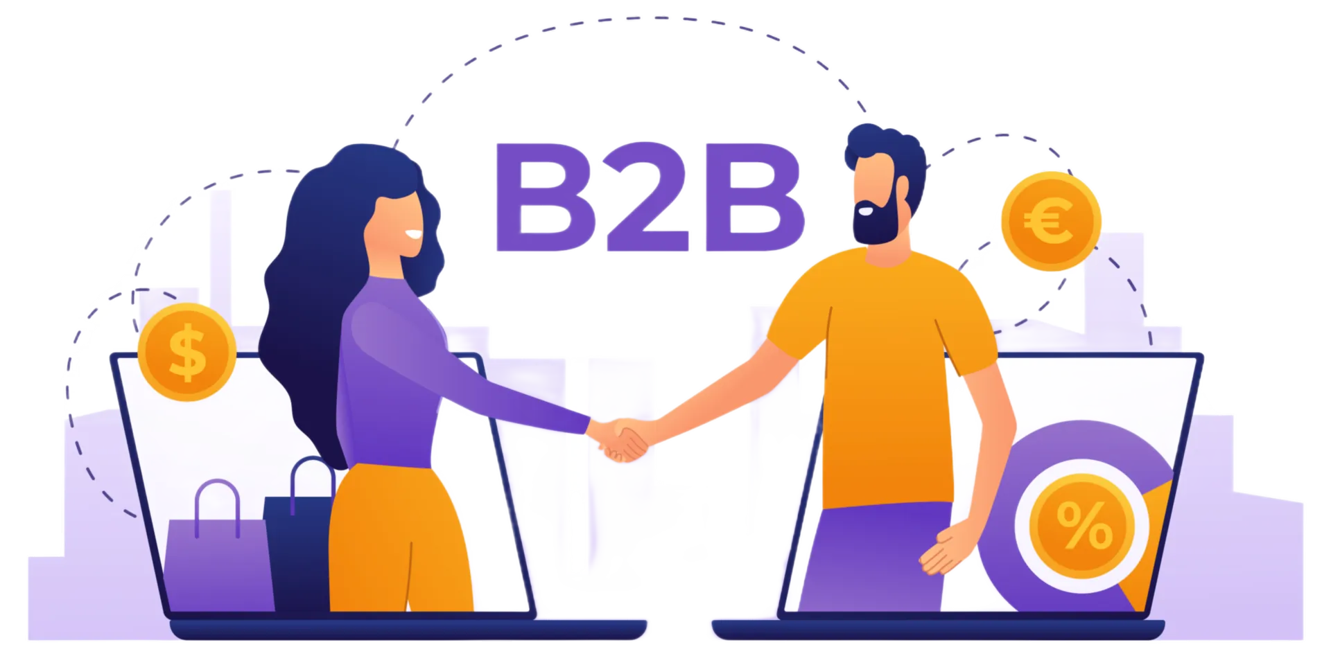grafica vettoriale di 2 persone che si stringono la mano con la scritta b2b sullo sfondo.