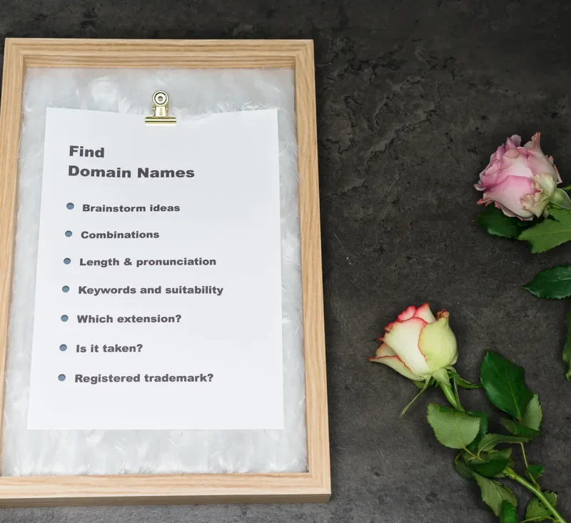 Checklist cartacea per scegliere il nome aziendale, appoggiata su un tavolo nero con delle rose alla sua destra