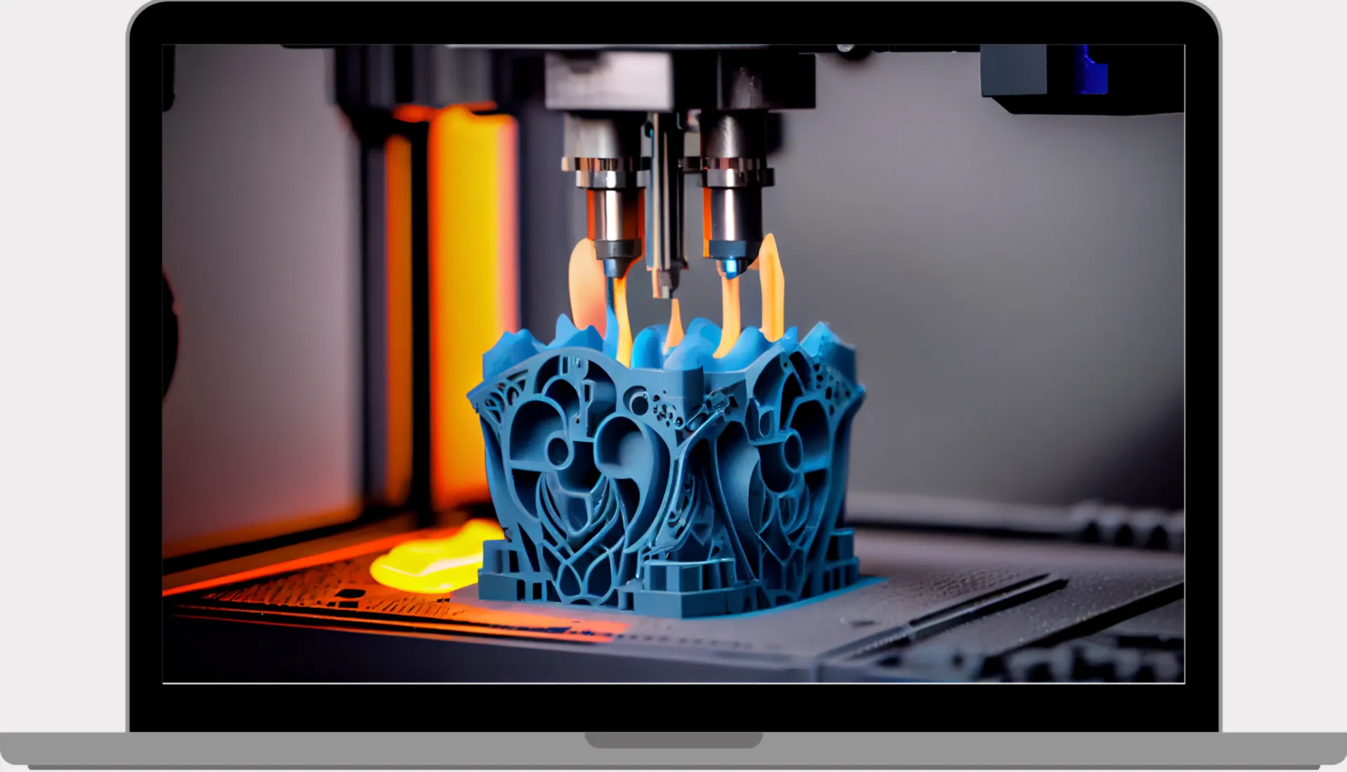 pc aperto vettoriale con all'interno una foto di stampante 3d che ha fatto un oggetto azzurro per la prototipazione rapida